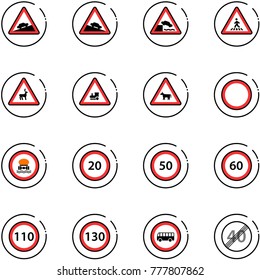 line vector icon set - climb vector road sign, steep descent, embankment, pedestrian, wild animals, railway intersection, cow, prohibition, no dangerous cargo, speed limit 20, 50, 60, 110, 130, bus
