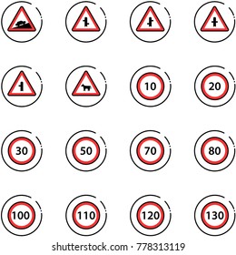 line vector icon set - climb vector road sign, intersection, cow, speed limit 10, 20, 30, 50, 70, 80, 100, 110, 120, 130