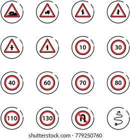 line vector icon set - climb vector road sign, tractor way, intersection, speed limit 10, 30, 40, 60, 70, 80, 110, 130, no turn back, trip