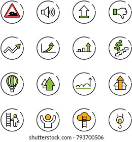line vector icon set - climb vector road sign, volume max, uplooad, dislike, growth arrow, career, air balloon, up, arrows, opportunity, success, cloud ladder, winch