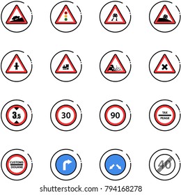 line vector icon set - climb vector road sign, traffic light, slippery, steep roadside, intersection, railway, gravel, limited height, speed limit 30, 90, tax peage, customs, only right, detour, end