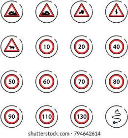 line vector icon set - climb vector road sign, steep descent, tractor way, intersection, cow, speed limit 10, 20, 40, 50, 60, 70, 80, 90, 110, 130, trip
