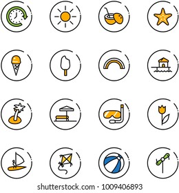 line vector icon set - clock around vector, sun, coconut cocktail, starfish, ice cream, rainbow, bungalow, palm, inflatable pool, diving, tulip, windsurfing, kite, beach ball, toy windmill