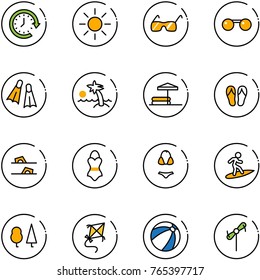 line vector icon set - clock around vector, sun, sunglasses, flippers, palm, inflatable pool, flip flops, swimsuit, surfing, forest, kite, beach ball, toy windmill