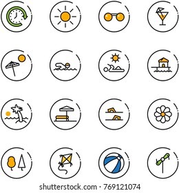 line vector icon set - clock around vector, sun, sunglasses, drink, beach, swimming, reading, bungalow, palm, inflatable pool, flip flops, flower, forest, kite, ball, toy windmill
