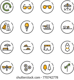 line vector icon set - clock around vector, sunglasses, outdoor cafe, flippers, ice cream, pool, swimming, inflatable, flip flops, swimsuit, dragonfly, flower, forest, toy windmill