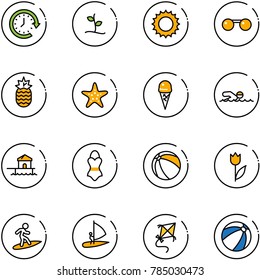line vector icon set - clock around vector, sproute, sun, sunglasses, pineapple, starfish, ice cream, swimming, bungalow, swimsuit, ball, tulip, surfing, windsurfing, kite, beach