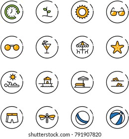 line vector icon set - clock around vector, sproute, sun, sunglasses, drink, outdoor cafe, starfish, reading, bungalow, inflatable pool, flip flops, swimsuit, dragonfly, ball, beach