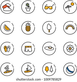 line vector icon set - clouds vector, flower pot, sunglasses, beach, watermelone, pineapple, ice cream, rainbow, flip flops, swimsuit, woman hat, surfing, windsurfing, forest, ball