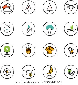 line vector icon set - clouds vector, christmas tree, deer, apple, banana, broccoli, hand sproute, money, pineapple, shell, flower, wheelbarrow, moon lamp, toy caterpillar
