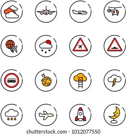 line vector icon set - clouds vector, plane, small, helicopter, globe, snowfall, airport road sign, artificial unevenness, no bus, moon flag, cloud ladder, storm, rain, rocket, lamp