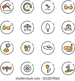 line vector icon set - clouds vector, clock around, sproute, sunglasses, outdoor cafe, ice cream, bungalow, palm, flip flops, woman hat, diving, dragonfly, flower, tulip, surfing