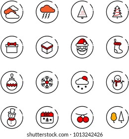 line vector icon set - clouds vector, storm, christmas tree, gift, santa claus, sock, ball, snowflake, snowfall, snowman, calendar, rowanberry, forest