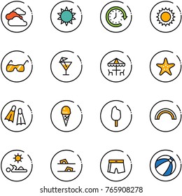 line vector icon set - clouds vector, sun, clock around, sunglasses, drink, outdoor cafe, starfish, flippers, ice cream, rainbow, reading, flip flops, swimsuit, beach ball