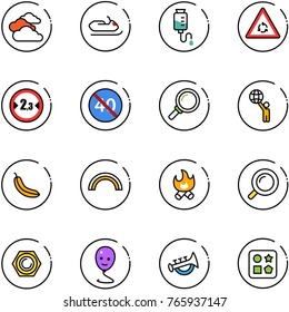line vector icon set - clouds vector, snowmobile, drop counter, round motion road sign, limited width, end minimal speed limit, magnifier, world, banana, rainbow, fire, nut, balloon smile, horn toy