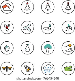 line vector icon set - clouds vector, christmas tree, holly, three leafs, drop hand, banana, sweet pepper, pear, broccoli, waves, dragonfly, shell, snow, crocodile