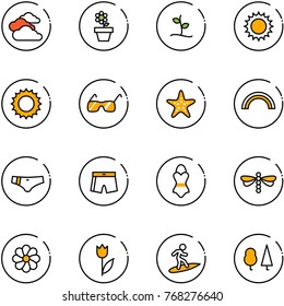 line vector icon set - clouds vector, flower pot, sproute, sun, sunglasses, starfish, rainbow, swimsuit, dragonfly, tulip, surfing, forest