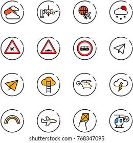 line vector icon set - clouds vector, boarding passengers, plane globe, snowfall, airport road sign, artificial unevenness, no bus, paper fly, cloud ladder, helicopter, storm, rainbow, kite, toy