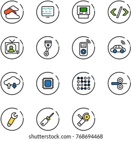 line vector icon set - clouds vector, diagnostic monitor, atm, tag code, tv news, piston, music player, car wireless, cloud exchange data, cpu, circuit, steel rolling, wrench, screwdriver