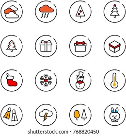 line vector icon set - clouds vector, storm, christmas tree, gift, sock, snowflake, snowman, thermometer, flippers, forest, toy rabbit