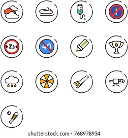 line vector icon set - clouds vector, snowmobile, drop counter, no parkin odd, limited width road sign, end minimal speed limit, highlight marker, gold cup, rain cloud, parasol, saw, pipe welding