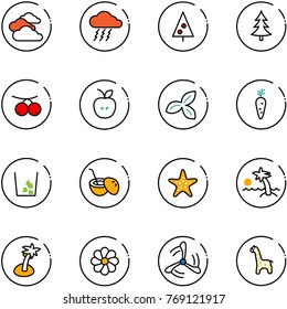 line vector icon set - clouds vector, storm, christmas tree, rowanberry, apple, three leafs, carrot, garbage, coconut cocktail, starfish, palm, flower, wind mill, toy giraffe