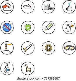 line vector icon set - clouds vector, snowmobile, hospital building, onion, end minimal speed limit road sign, shield check, highlight marker, win, lighthouse, saw, nut, protective glasses, yoyo