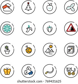 line vector icon set - clouds vector, christmas tree, apple, three leafs, lemon slice, banana, sweet pepper, landslide road sign, flower pot, moon flag, pyramid, photo, butterfly, recycling, sickle