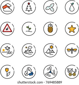 line vector icon set - clouds vector, christmas tree, three leafs, pear, wild animals road sign, sproute, pineapple, starfish, palm, mountains, pyramid, dragonfly, tulip, recycling, wind mill