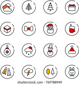 line vector icon set - clouds vector, christmas tree, gift, bow, santa claus, glove, ball, snowfall, snowman, hat, flippers, storm, forest, toy rabbit