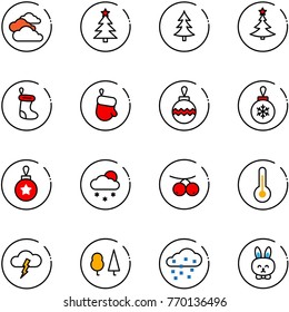 line vector icon set - clouds vector, christmas tree, sock, glove, ball, snowfall, rowanberry, thermometer, storm, forest, snow, toy rabbit