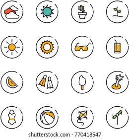 line vector icon set - clouds vector, sun, flower pot, sproute, sunglasses, drink, watermelone, flippers, ice cream, palm, swimsuit, ball, kite, toy windmill