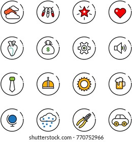 line vector icon set - clouds vector, garland, christmas star, heart, money bag, gear, volume medium, tie, crown, sun, beer, globe, snow, pliers, car