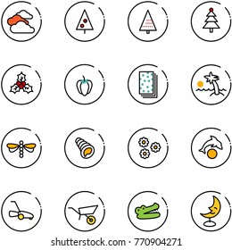 line vector icon set - clouds vector, christmas tree, holly, sweet pepper, breads, palm, dragonfly, shell, flower, dolphin, lawn mower, wheelbarrow, crocodile, moon lamp