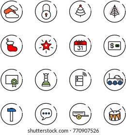 line vector icon set - clouds vector, lock, christmas tree, sock, star, 31 dec calendar, credit card, certificate, chess queen, server wireless, moon rover, hammer, chat, trailer, drum