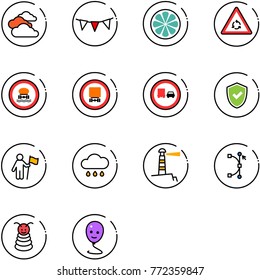 line vector icon set - clouds vector, flag garland, lemon slice, round motion road sign, no dangerous cargo, truck overtake, shield check, win, rain cloud, lighthouse, bezier, pyramid toy