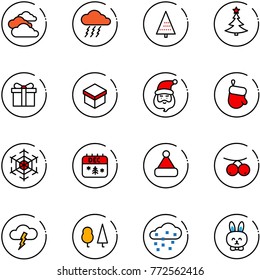 line vector icon set - clouds vector, storm, christmas tree, gift, santa claus, glove, snowflake, calendar, hat, rowanberry, forest, snow, toy rabbit