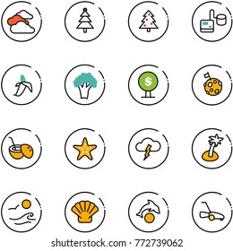 line vector icon set - clouds vector, christmas tree, tonometer, banana, broccoli, money, moon flag, coconut cocktail, starfish, storm, palm, waves, shell, dolphin, lawn mower