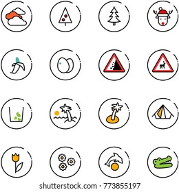 line vector icon set - clouds vector, christmas tree, deer hat, banana, eggs, landslide road sign, wild animals, garbage, palm, tent, tulip, flower, dolphin, crocodile