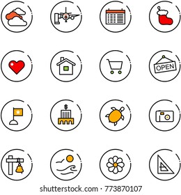 line vector icon set - clouds vector, boarding passengers, schedule, christmas sock, heart, home, cart, open, flag, bank building, sea turtle, photo, ship bell, waves, flower, corner ruler