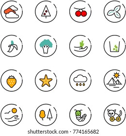 line vector icon set - clouds vector, christmas tree, rowanberry, three leafs, banana, broccoli, hand sproute, garbage, strawberry, starfish, rain cloud, pyramid, waves, forest, toy caterpillar, cat