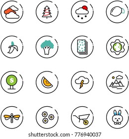 line vector icon set - clouds vector, christmas tree, snowfall, lemon, banana, broccoli, breads, gear globe, money, watermelone, storm, mountains, dragonfly, flower, wheelbarrow, toy rabbit