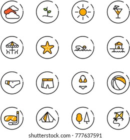 line vector icon set - clouds vector, sproute, sun, drink, outdoor cafe, starfish, swimming, bungalow, swimsuit, ball, diving, tent, forest, kite