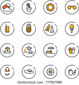 line vector icon set - clouds vector, flower pot, sun, sunglasses, drink, pineapple, flippers, ice cream, bungalow, palm, inflatable pool, flip flops, swimsuit, woman hat, bucket scoop