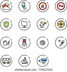 line vector icon set - clouds vector, drop counter, no dangerous cargo road sign, truck overtake, shield check, network folder, win, parasol, bucket scoop, pyramid toy, cube, baseball bat, bus, boat
