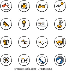 line vector icon set - clouds vector, sun, sunglasses, beach, watermelone, ice cream, pool, palm, flip flops, swimsuit, diving, flower, bucket scoop, ball