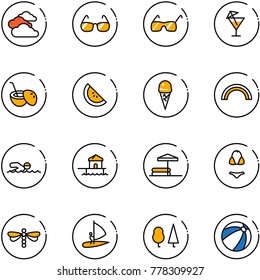 line vector icon set - clouds vector, sunglasses, drink, coconut cocktail, watermelone, ice cream, rainbow, swimming, bungalow, inflatable pool, swimsuit, dragonfly, windsurfing, forest, beach ball