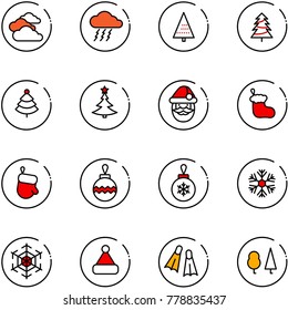 line vector icon set - clouds vector, storm, christmas tree, santa claus, sock, glove, ball, snowflake, hat, flippers, forest