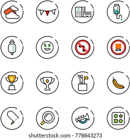 line vector icon set - clouds vector, flag garland, hospital building, drop counter, dollar smile, no left turn road sign, dangerous cargo, win cup, gold, banana, fretsaw, magnifier, horn toy