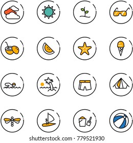 line vector icon set - clouds vector, sun, sproute, sunglasses, coconut cocktail, watermelone, starfish, ice cream, swimming, palm, swimsuit, tent, dragonfly, windsurfing, bucket scoop, beach ball